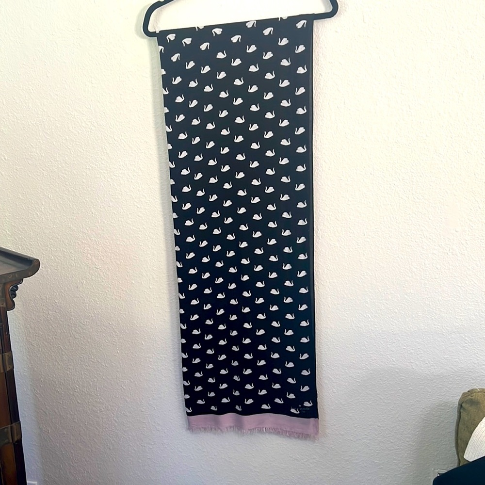 kate spade Black and White Swan Print Scarf with Pink Trim